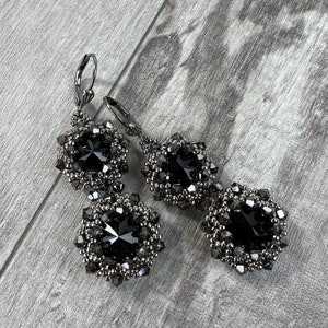 Two Tiered Jet black crystal earrings, gift for her, woven earring, dressy earring~ Mother’s Day  gift