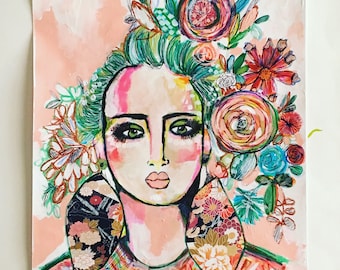 Visionary portrait, abstract portrait, bohemian art, bohemian girl, fashion portrait, expressive florals, boho decor, boho gifts, art
