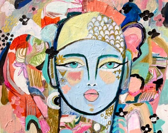 Flower portrait Blue on canvas, abstract face, bohemian art, abstract portrait, fashion portrait, expressive florals, boho decor,