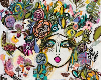 Flower portrait on canvas, abstract face, bohemian art, abstract portrait, fashion portrait, expressive florals, boho decor,