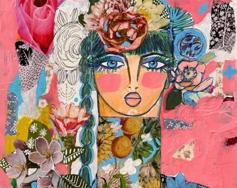 Flower portrait on canvas, abstract face, bohemian art, abstract portrait, fashion portrait, expressive florals, boho decor,