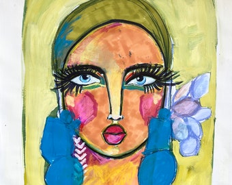 Figurative portrait,  visionary portrait, abstract face, Girl with blue earring,  fashion portrait, expressive florals, boho decor,