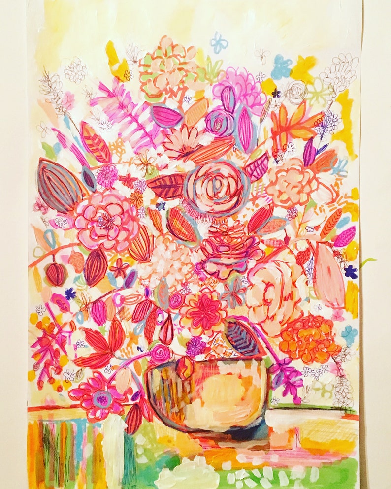 Orange Large flower art, flower abstract floral, funky floral art, flower painting, doodle flowers, bohemian florals, abstract flowers, art image 1
