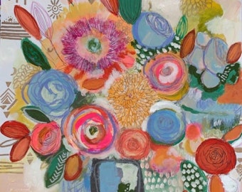 Original pink floral abstract painting on paper, abstract floral, flower still life, oil pastel flowers, bohemian art, flowers mixed media,