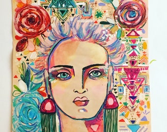 visionary portrait, bohemian art, abstract face, outsider art, figurative drawing, abstract portrait, glitter abstract, boho decor, folk art