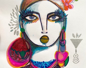 Funky portrait, fashion art, abstract portrait, spiritual portrait, fashion portrait, Goddess art, folk art, abstract