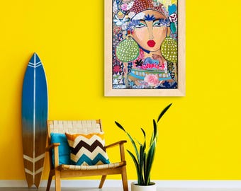 Green Earing Fashion Art – Original 24x36 Boho Soul Portrait on Canvas, Sacred Feminine Abstract Art, Goddess Art, Divine Feminine Painting