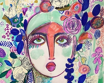 Visionary portrait, abstract collage portrait, bohemian art, boho girl, fashion portrait, expressive florals, boho decor, boho gifts, art