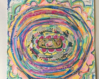 Large mandala painting, mixed media mandala, visionary art, mandala abstract, happy art, healing circle, mandala collage, bohemian art, yoga