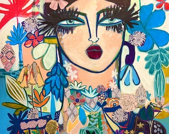 Jungle Muse” – Original 24x36 Boho Goddess Portrait on Canvas, Vibrant Botanical Expressionist
