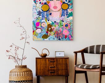 Golden Goddess– Original 24x36 Boho Soul Portrait on Canvas, Figurative, Sacred Feminine Abstract Art, Goddess Art, Divine Feminine Paint