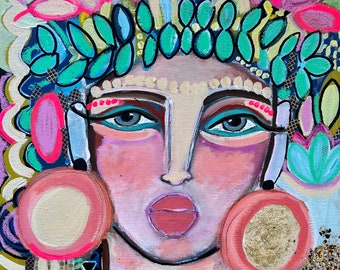 Flower portrait on canvas, abstract face, bohemian art, abstract portrait, fashion portrait, expressive florals, boho decor,