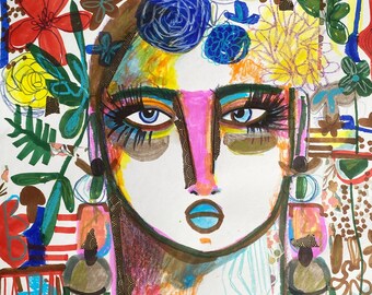 Abstract face, Funky portrait, fashion art, abstract portrait, spiritual portrait, fashion portrait, Goddess art, folk art, abstract