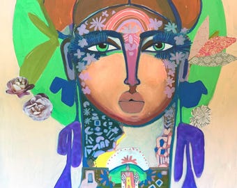 Goddess of Patterns – Original 24x36 Boho Soul Portrait on Canvas, Sacred Feminine Abstract Art
