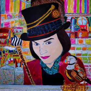 May include: A painting of a person wearing a black top hat with a gold band and a red jacket. The person is holding a black and white striped cane. The person is standing in front of a colorful background with a mechanical bird.