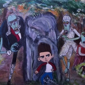 Puede incluir: Pintura original que representa a un joven huyendo de tres figuras caricaturescas con aspecto de zombi en un bosque. La figura central se encuentra frente a una gran piedra gris. La pintura utiliza una variedad de colores, con un enfoque en azules y verdes.