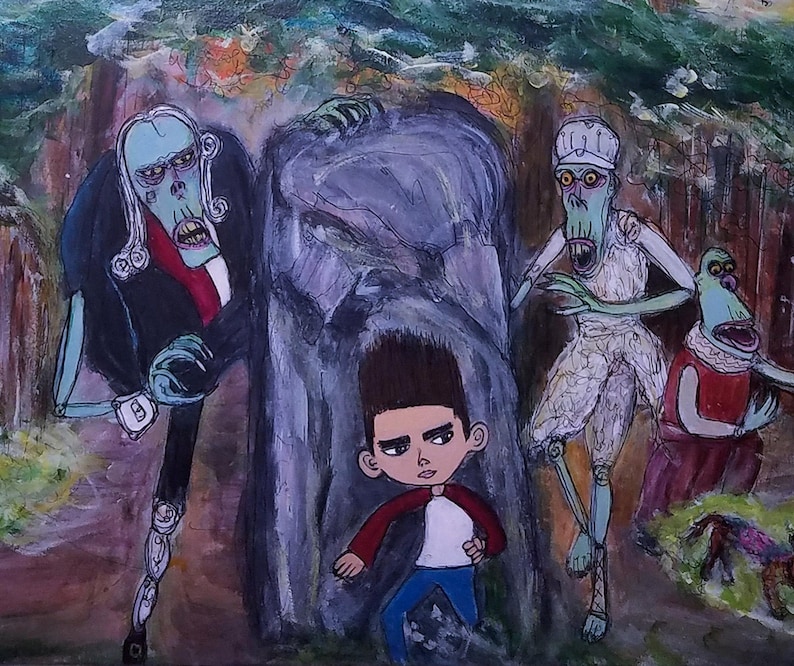 Puede incluir: Pintura original que representa a un joven huyendo de tres figuras caricaturescas con aspecto de zombi en un bosque. La figura central se encuentra frente a una gran piedra gris. La pintura utiliza una variedad de colores, con un enfoque en azules y verdes.