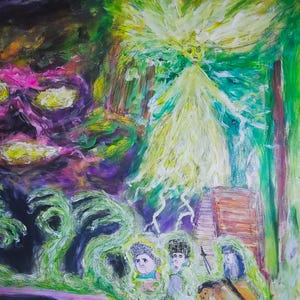Puede incluir: Pintura abstracta con tema surrealista. Una figura central con forma amarilla brillante y cabello salvaje domina la escena. El fondo presenta una mezcla de tonos verdes, morados y negros, con indicios de figuras y formas org&aacute;nicas.