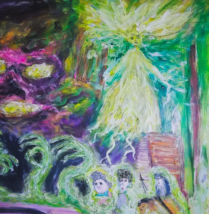 Puede incluir: Pintura abstracta con tema surrealista. Una figura central con forma amarilla brillante y cabello salvaje domina la escena. El fondo presenta una mezcla de tonos verdes, morados y negros, con indicios de figuras y formas org&aacute;nicas.