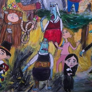 Puede incluir: Pintura original que presenta varias figuras de dibujos animados en un entorno forestal. La obra de arte utiliza una paleta de colores vibrantes con una variedad de personajes, incluyendo una figura con un atuendo marr&oacute;n y una persona con un sombrero negro.