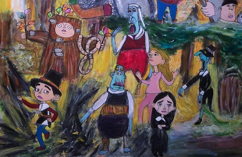 Puede incluir: Pintura original que presenta varias figuras de dibujos animados en un entorno forestal. La obra de arte utiliza una paleta de colores vibrantes con una variedad de personajes, incluyendo una figura con un atuendo marr&oacute;n y una persona con un sombrero negro.