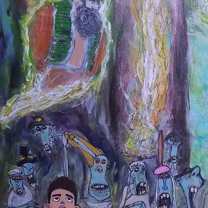 Puede incluir: Pintura abstracta con tem&aacute;tica surrealista. Representa una figura en un aura verde y naranja, con un grupo de figuras de caras azules y un ni&ntilde;o leyendo un libro. La obra utiliza una variedad de colores y pinceladas.