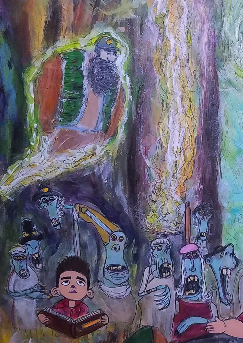Puede incluir: Pintura abstracta con tem&aacute;tica surrealista. Representa una figura en un aura verde y naranja, con un grupo de figuras de caras azules y un ni&ntilde;o leyendo un libro. La obra utiliza una variedad de colores y pinceladas.