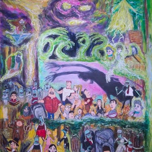 Puede incluir: Una pintura original y colorida que representa una escena surrealista con numerosas figuras de estilo caricaturesco. La obra de arte presenta una paleta vibrante de verdes, morados y amarillos, con un grupo central de personajes y elementos abstractos en el fondo.