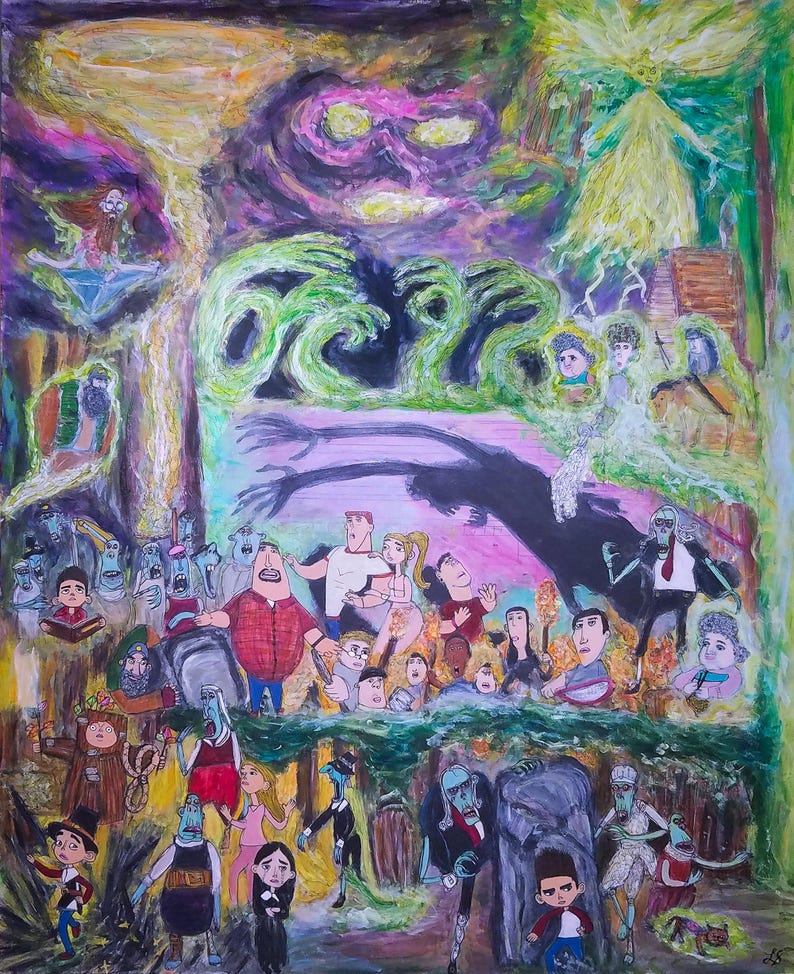 Puede incluir: Una pintura original y colorida que representa una escena surrealista con numerosas figuras de estilo caricaturesco. La obra de arte presenta una paleta vibrante de verdes, morados y amarillos, con un grupo central de personajes y elementos abstractos en el fondo.