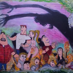Puede incluir: Pintura original que representa a un grupo de personas en estado de alarma, con una gran figura oscura y sombreada sobre ellos. La obra de arte presenta una paleta de colores vibrantes y un estilo de dibujos animados.