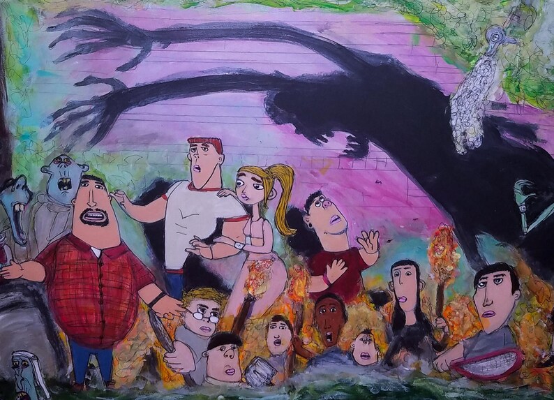 Puede incluir: Pintura original que representa a un grupo de personas en estado de alarma, con una gran figura oscura y sombreada sobre ellos. La obra de arte presenta una paleta de colores vibrantes y un estilo de dibujos animados.