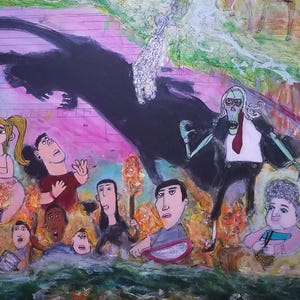 Puede incluir: Una pintura expresiva representa una escena surrealista con figuras angustiadas, una figura esquel&eacute;tica con traje y una gran forma negra. La obra de arte utiliza una paleta de colores vibrantes y un estilo caricaturesco.