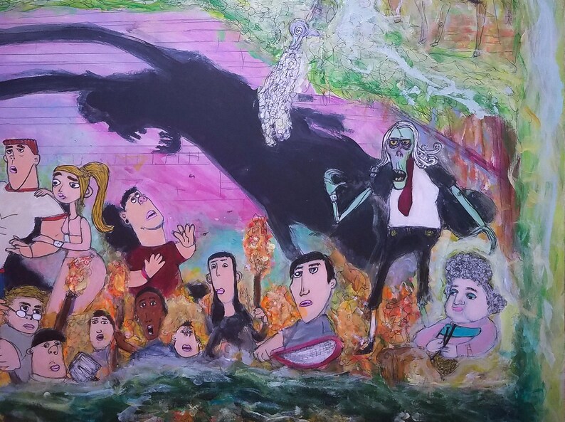 Puede incluir: Una pintura expresiva representa una escena surrealista con figuras angustiadas, una figura esquel&eacute;tica con traje y una gran forma negra. La obra de arte utiliza una paleta de colores vibrantes y un estilo caricaturesco.
