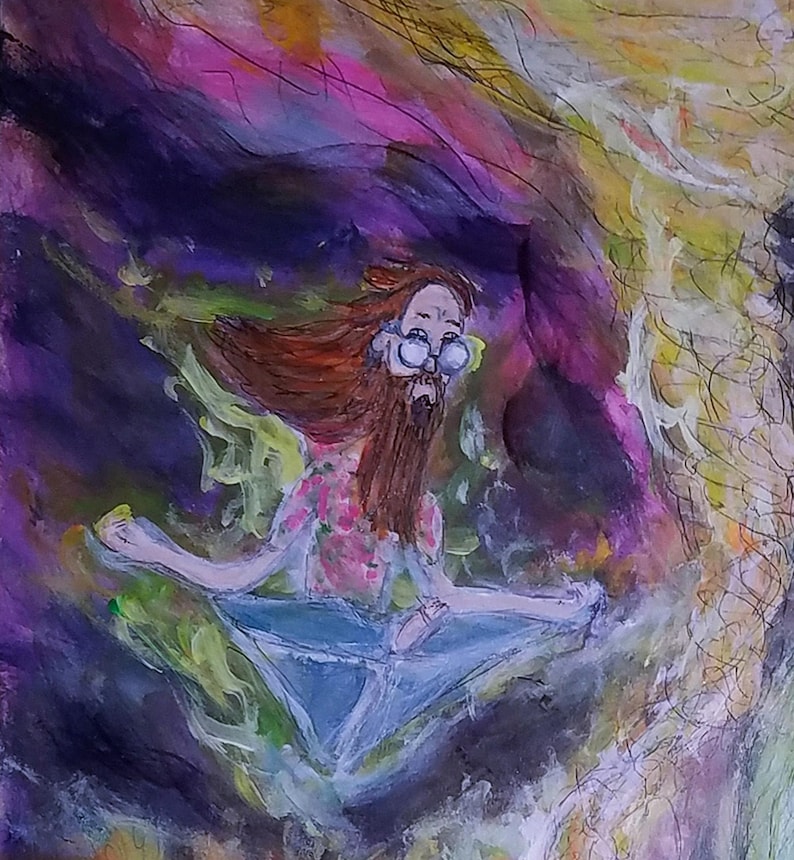 Puede incluir: Pintura abstracta de una persona con pelo largo casta&ntilde;o, barba y gafas, con una camisa floral y pantalones azules. La persona est&aacute; sentada con los brazos extendidos. El fondo presenta una mezcla de tonos morados, rosas y amarillos.