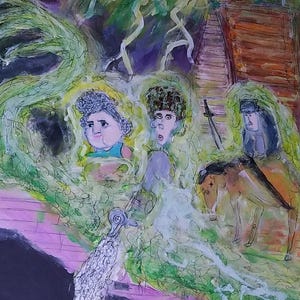 Puede incluir: Pintura abstracta que presenta tres figuras en medio de un exuberante paisaje verde y morado. Tambi&eacute;n se representa un edificio y un caballo. La obra de arte utiliza una variedad de colores y pinceladas para crear una composici&oacute;n &uacute;nica y expresiva.