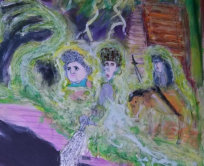 Puede incluir: Pintura abstracta que presenta tres figuras en medio de un exuberante paisaje verde y morado. Tambi&eacute;n se representa un edificio y un caballo. La obra de arte utiliza una variedad de colores y pinceladas para crear una composici&oacute;n &uacute;nica y expresiva.