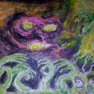 Puede incluir: Pintura abstracta con un fondo oscuro y arremolinado que presenta una forma de calavera en rosa y amarillo. Formas verdes en forma de ola y dos figuras est&aacute;n en primer plano. La obra de arte utiliza una variedad de colores y texturas.