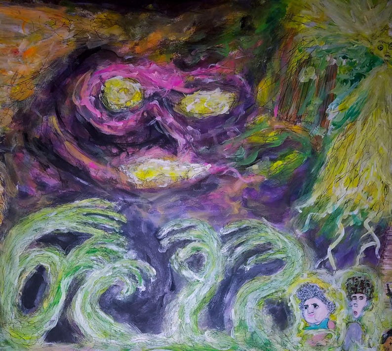 Puede incluir: Pintura abstracta con un fondo oscuro y arremolinado que presenta una forma de calavera en rosa y amarillo. Formas verdes en forma de ola y dos figuras est&aacute;n en primer plano. La obra de arte utiliza una variedad de colores y texturas.