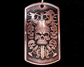 Rustic Copper Dog Tag Pendant, Skull Pendant, Solid Copper Horned Viking norse warrior Skull Dog Tag Pendant mens