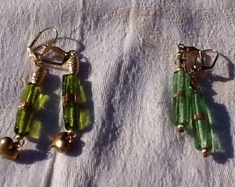 Glass bead earrings, green, drop earrings, gold in color