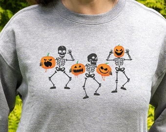 Cute Spooky Scary Skeletons Dancing with Jack-o-Lanterns for Spooky Season Sweater, Halloween Party, Fall Graphic Sweatshirt
