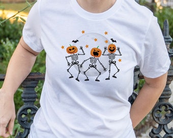 Spooky Scary Skeletons with Jack-o-Lanterns for heads Dancing for Spooky Season, Pumpkin Heads, Halloween Party, Fall Graphic Shirt