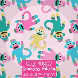 May include: A seamless pattern featuring sock monkeys in various colors, including pink, teal, and yellow, on a light pink background. The sock monkeys have striped arms and legs, and some have small hats. The text "SOCK MONKEY Seamless Pattern" is displayed.