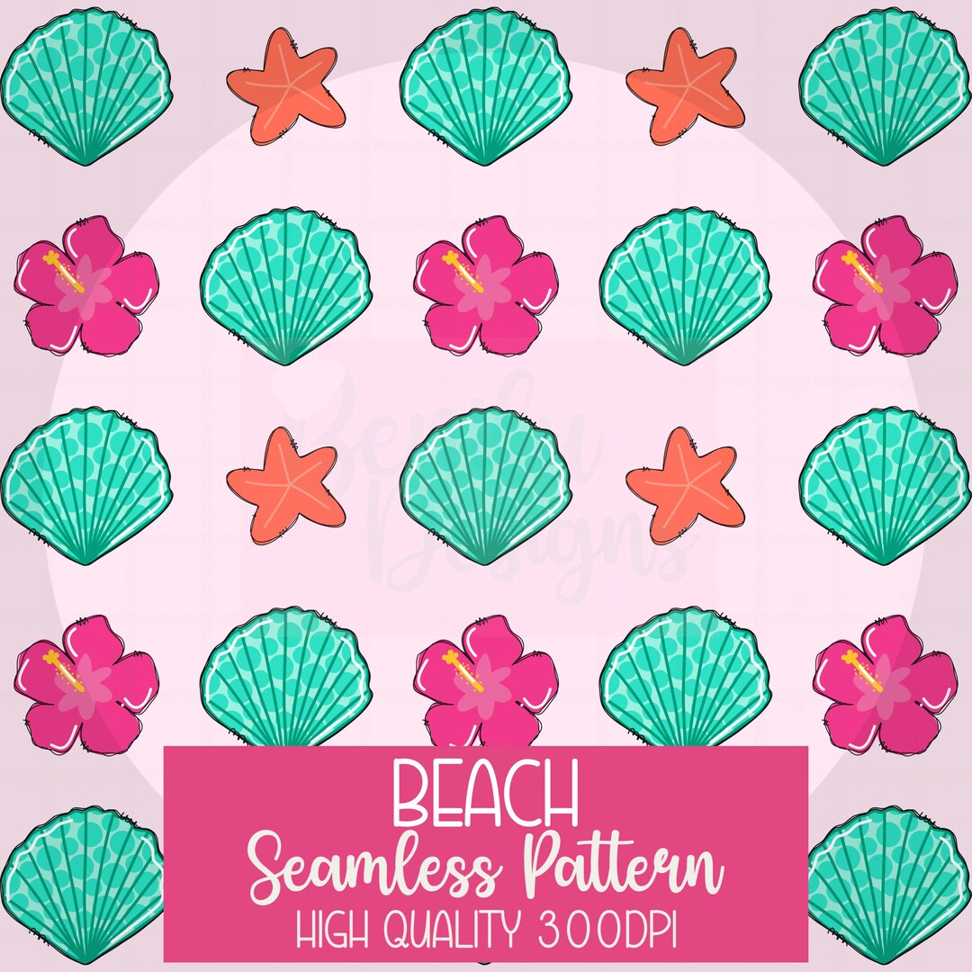Tropical Beach Seamless Pattern PNG, Hibiscus Seashell Starfish Pattern ...