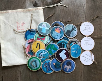 Jesse Tree Advent Ornament Set (Wooden with Stickers, verses on back, set of 25 Ornaments)