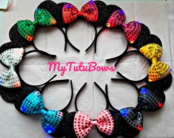 LIGHT UP Minnie Mickey Ears Headband Black Shimmering Ears Extra Large Red Sequin Light Up Bow Adults and Children Halloween Birthday