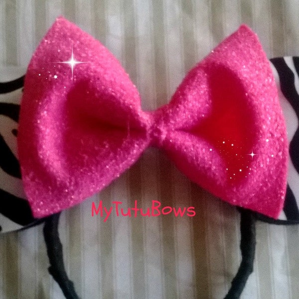 MINNIE MOUSE Ears Headband Black  and White Zebra Safari Pink Bow Glitter Sparkle Sequin Handmade