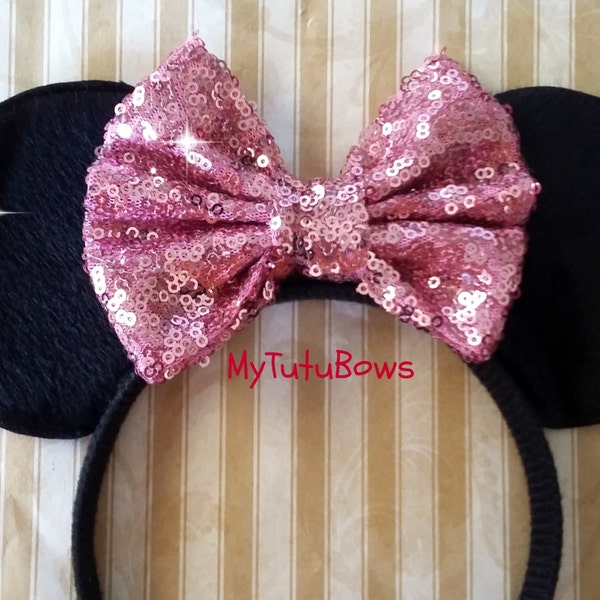 READY TO SHIP Minnie Moue Ears Headband Black Super Soft Plush Ears with Light Pink Sequin Bow Fits Adults and Children