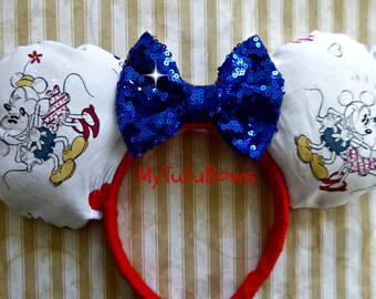 NEW Minnie Mouse Ears Headband Love Retro Vintage Dapper Fabric with Blue Red Gold Sequin Bow Choose Bow Color Fits Adults and Children