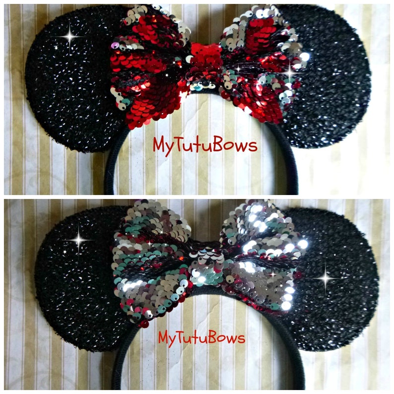 NEW Black Flip Sequin Minnie Mouse Ears Rose Gold Bow Headband